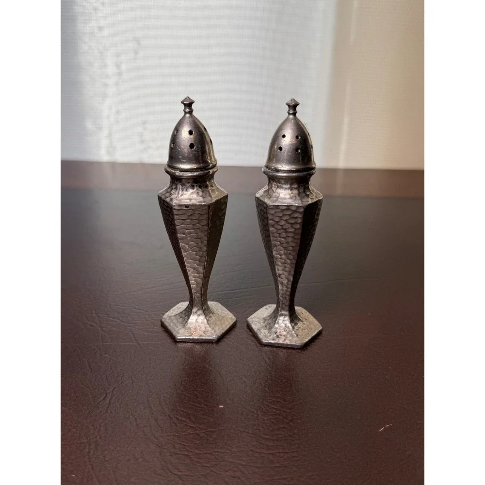 Vintage Hammered Pewter Salt and Pepper Shakers Art Deco Hexagonal Base Set